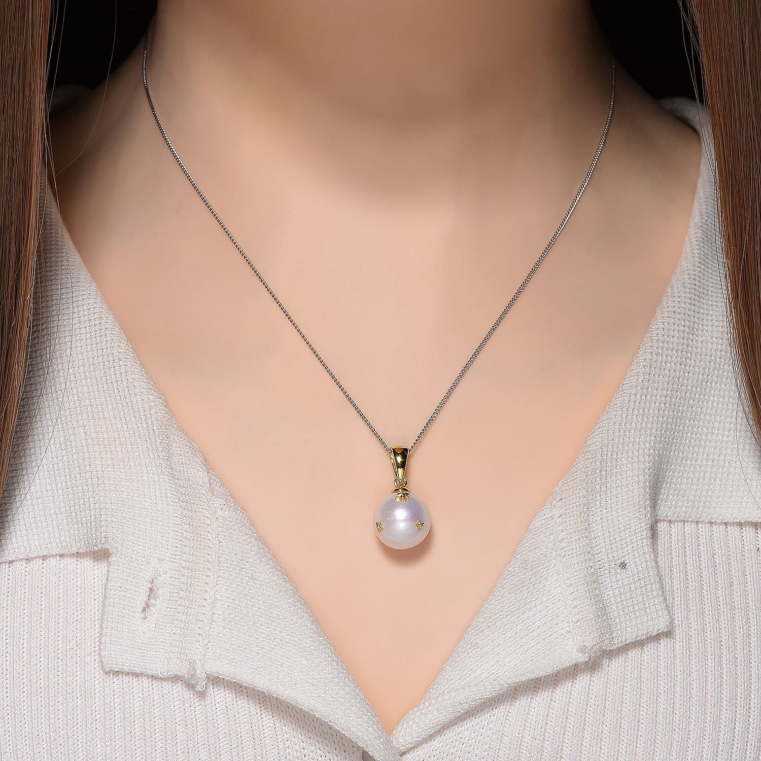 Edison Pearl Pendant with Chain (Size 18) with Lobster Clasp in Rhodium Overlay & 18K Vermeil Yellow Gold Plated Sterling Silver 10.50 Ct.