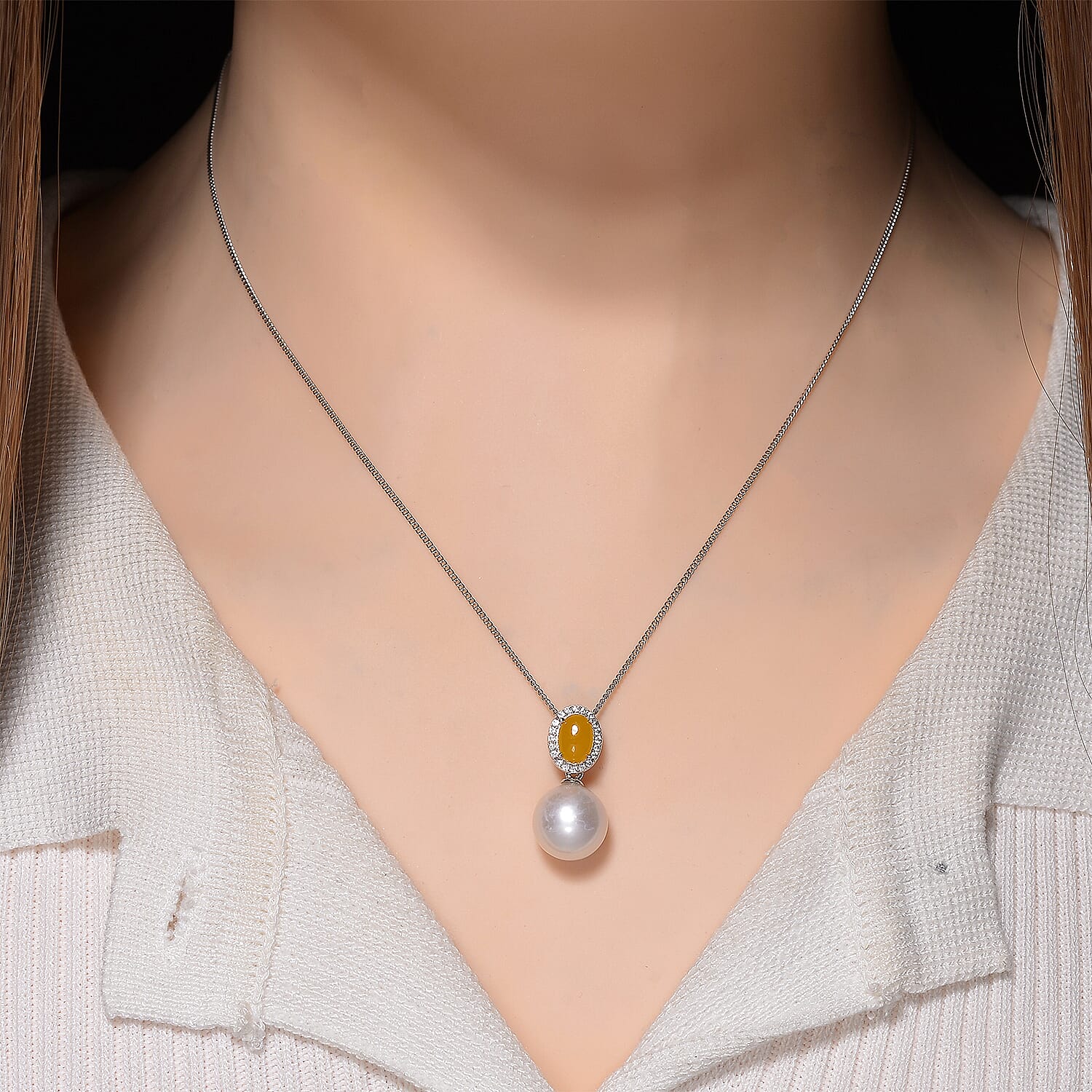 Edison Pearl, Yellow Jade & White Zircon Pendant with Chain (Size 18) in Rhodium Overlay Sterling Silver 9.28 Ct.