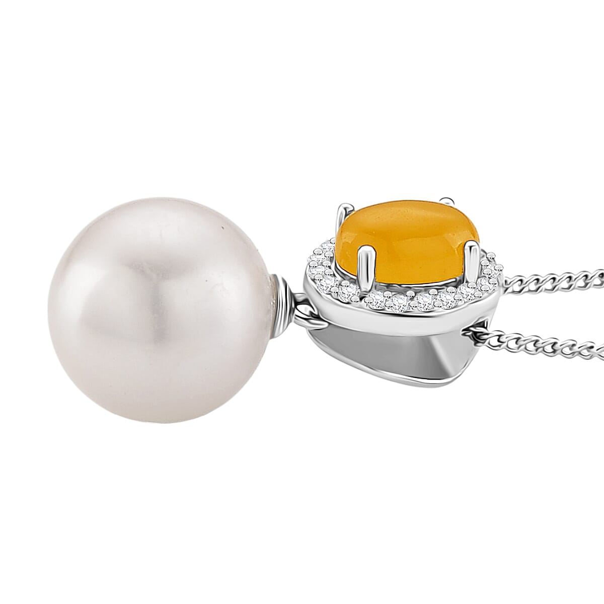 Edison Pearl, Yellow Jade & White Zircon Pendant with Chain (Size 18) in Rhodium Overlay Sterling Silver 9.28 Ct.