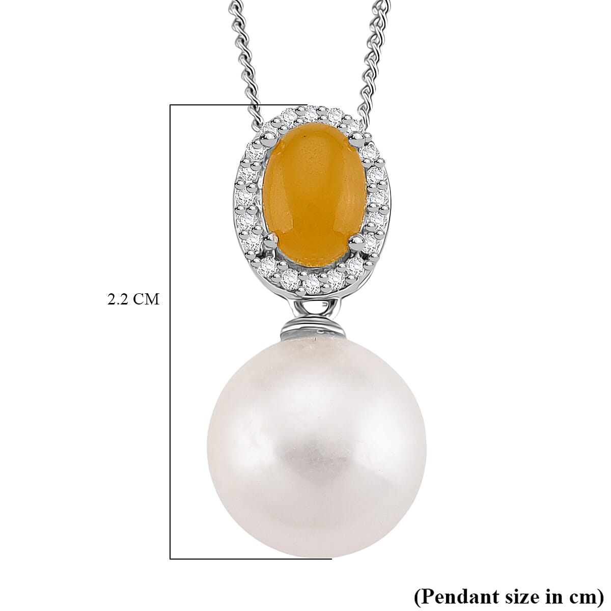 Edison Pearl, Yellow Jade & White Zircon Pendant with Chain (Size 18) in Rhodium Overlay Sterling Silver 9.28 Ct.