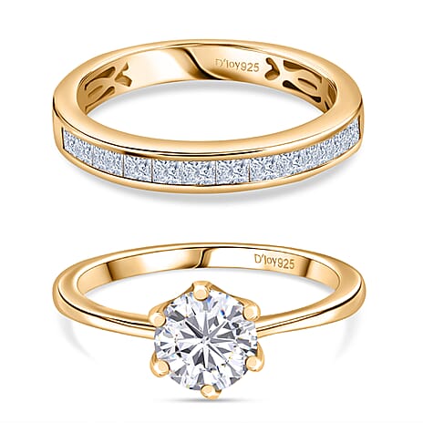 D'Joy Set of 2 -  Moissanite Band Ring in 18K Yellow Gold Plating Sterling Silver 1.50 Ct, Silver Wt. 6.00 Gms.