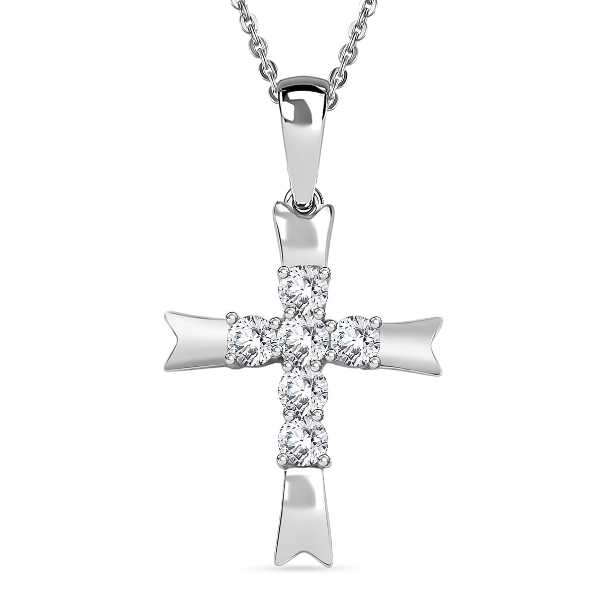 D'joy Moissanite Cross Pendant with Chain (Size 20) in Platinum Overlay Sterling Silver