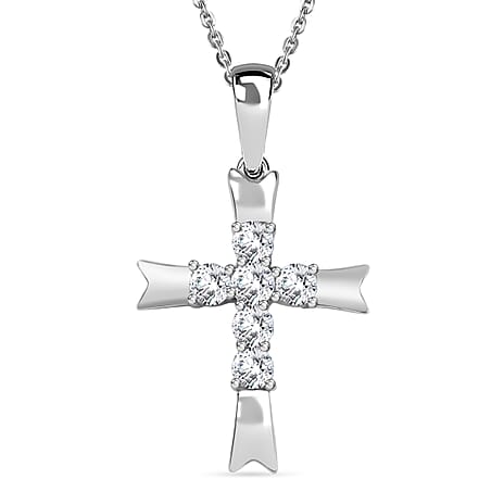 D'joy Moissanite Cross Pendant with Chain (Size 20) in Platinum Overlay Sterling Silver