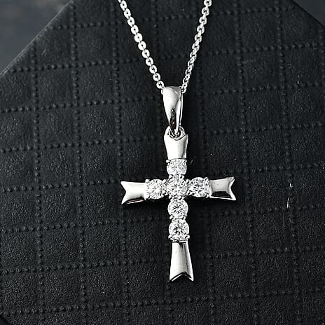 D'joy Moissanite Cross Pendant with Chain (Size 20) in Platinum Overlay Sterling Silver
