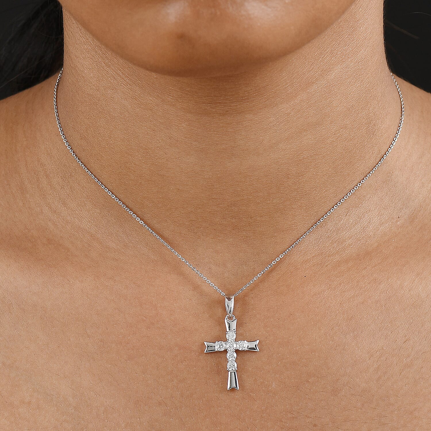 D'joy Moissanite Cross Pendant with Chain (Size 20) in Platinum Overlay Sterling Silver