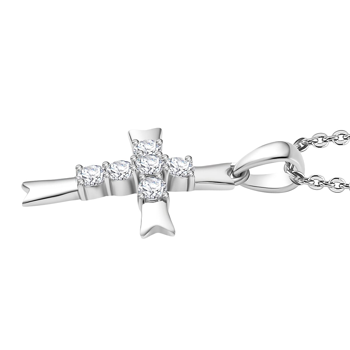 D'joy Moissanite Cross Pendant with Chain (Size 20) in Platinum Overlay Sterling Silver