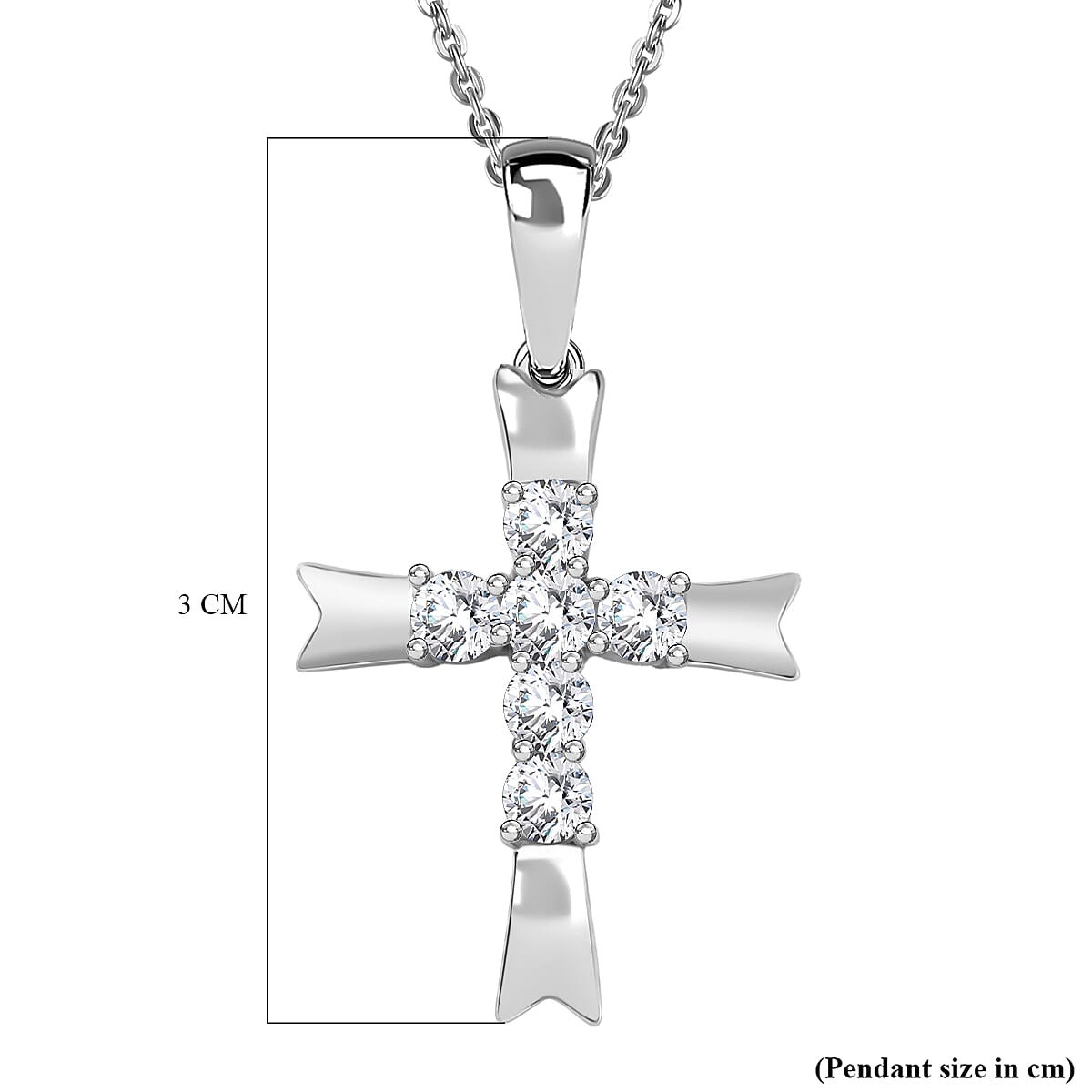 D'joy Moissanite Cross Pendant with Chain (Size 20) in Platinum Overlay Sterling Silver