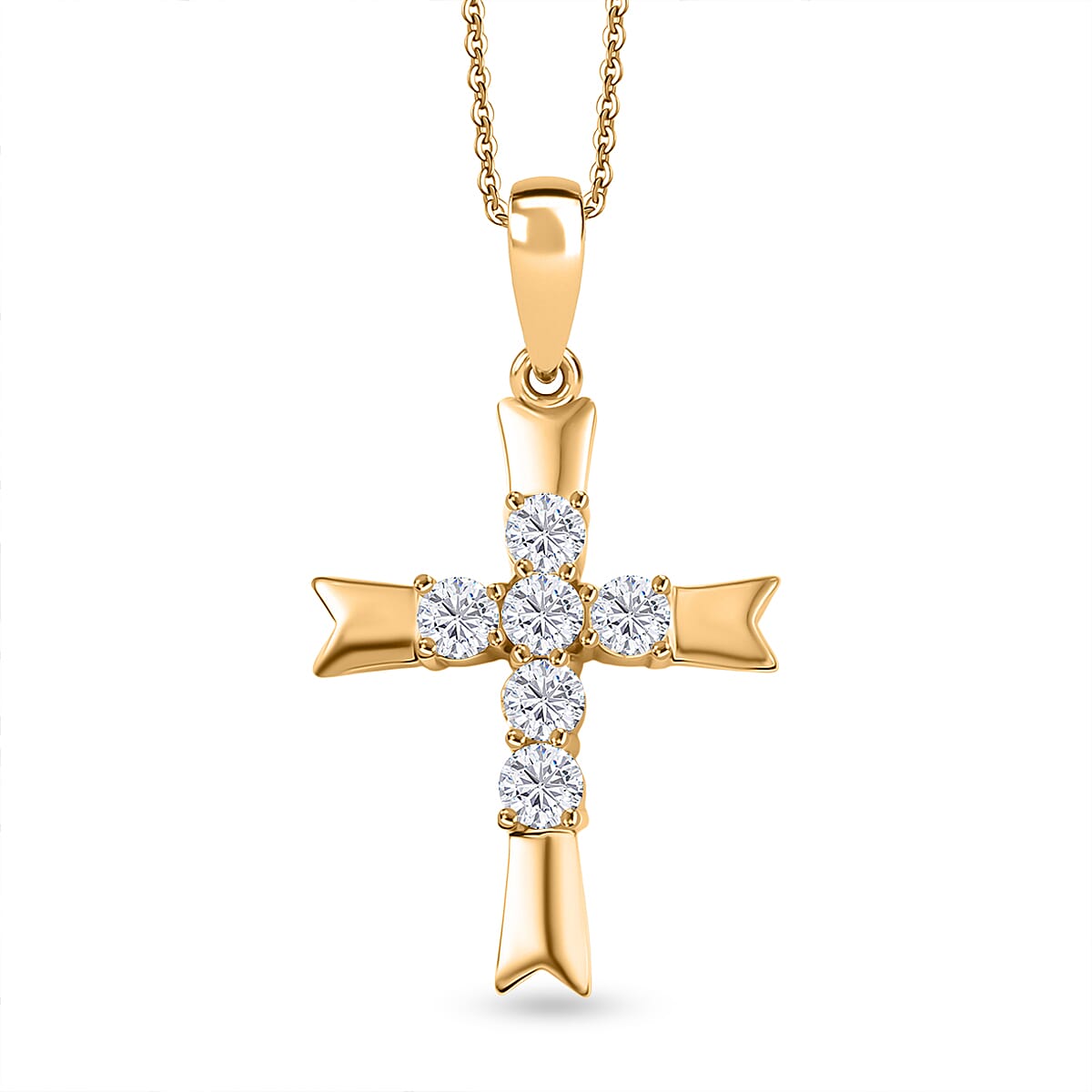 D'joy Moissanite Cross Pendant with Chain (Size 20) in 18K Yellow Gold Plated Sterling Silver