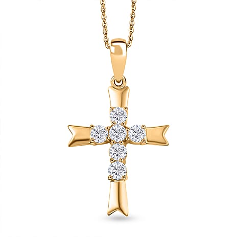 D'joy Moissanite Cross Pendant with Chain (Size 20) in 18K Yellow Gold Plated Sterling Silver