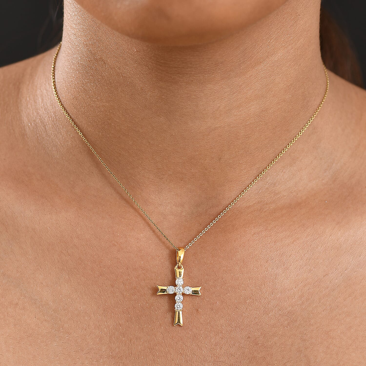 D'joy Moissanite Cross Pendant with Chain (Size 20) in 18K Yellow Gold Plated Sterling Silver