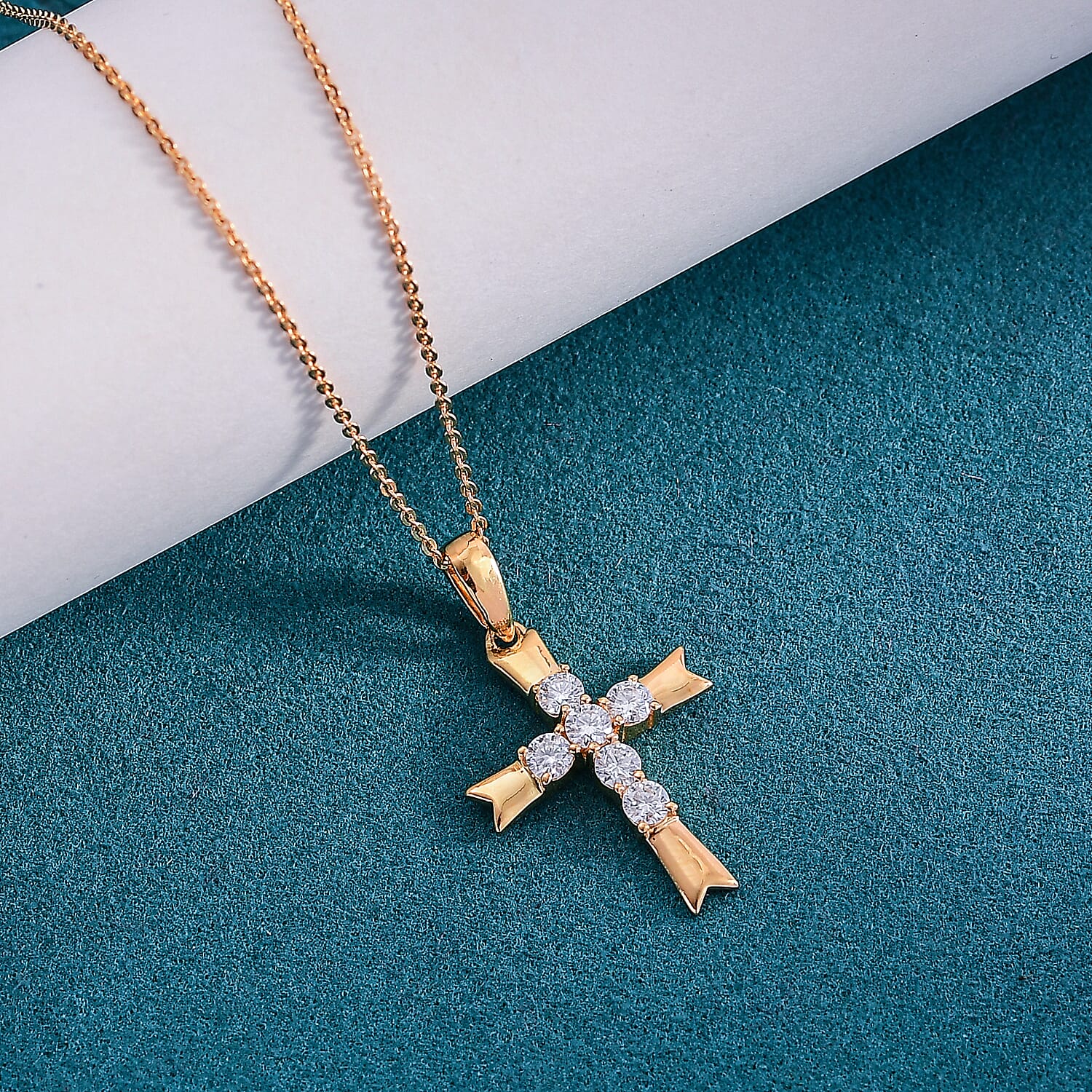 D'joy Moissanite Cross Pendant with Chain (Size 20) in 18K Yellow Gold Plated Sterling Silver