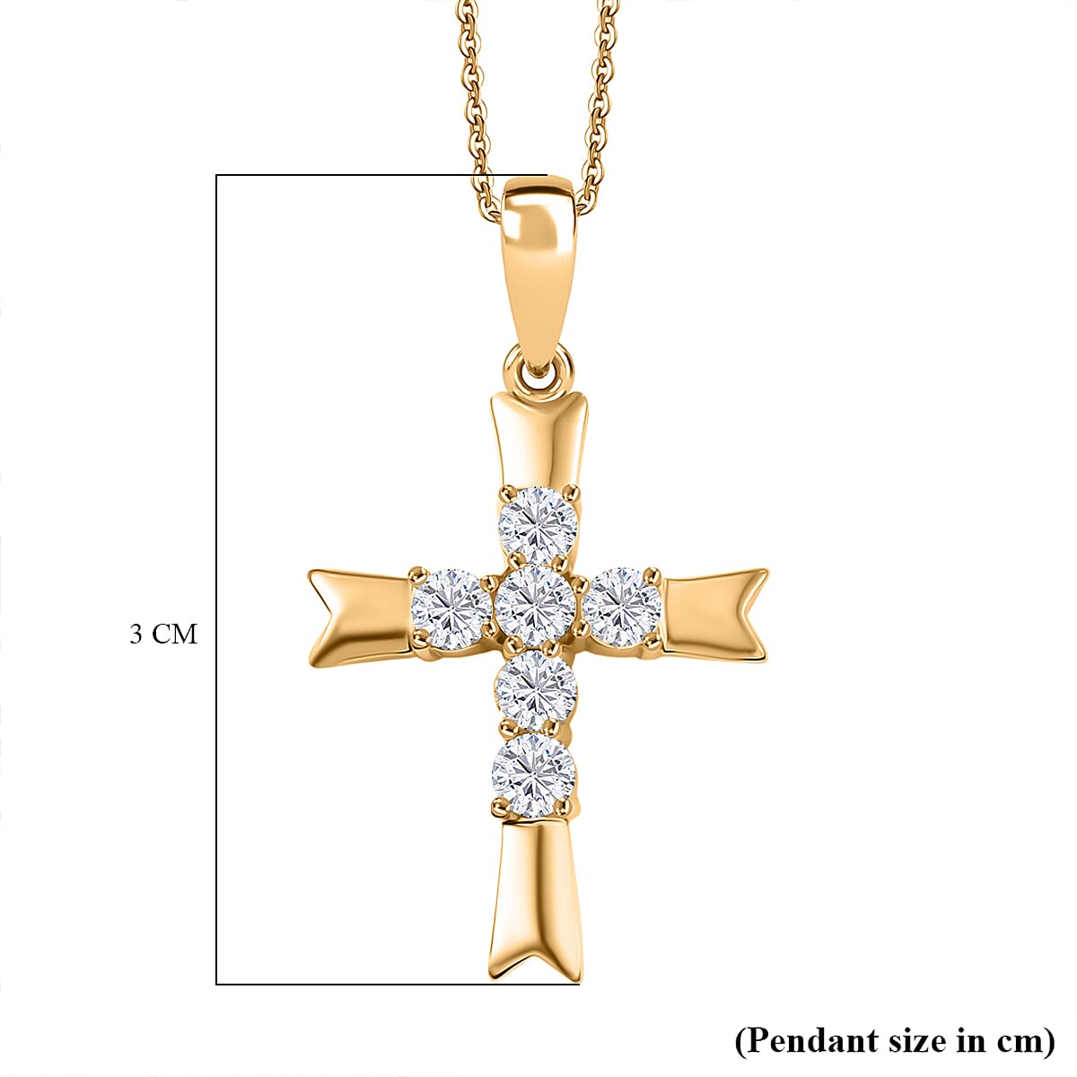 D'joy Moissanite Cross Pendant with Chain (Size 20) in 18K Yellow Gold Plated Sterling Silver