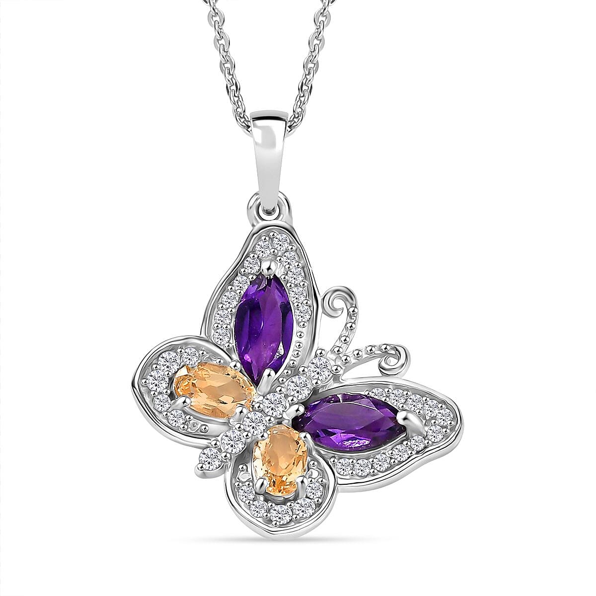 D'Joy African Amethyst, Citrine & White Zircon Butterfly Pendant with Chain (Size 20) in Rhodium Overlay Sterling Silver 1.45 Ct.