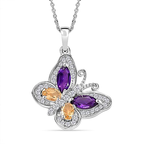 D'Joy African Amethyst, Citrine & White Zircon Butterfly Pendant with Chain (Size 20) in Rhodium Overlay Sterling Silver 1.45 Ct.