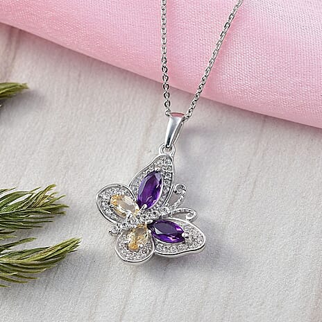 D'Joy African Amethyst, Citrine & White Zircon Butterfly Pendant with Chain (Size 20) in Rhodium Overlay Sterling Silver 1.45 Ct.