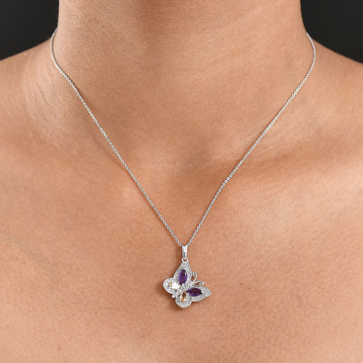 D'Joy African Amethyst, Citrine & White Zircon Butterfly Pendant with Chain (Size 20) in Rhodium Overlay Sterling Silver 1.45 Ct.