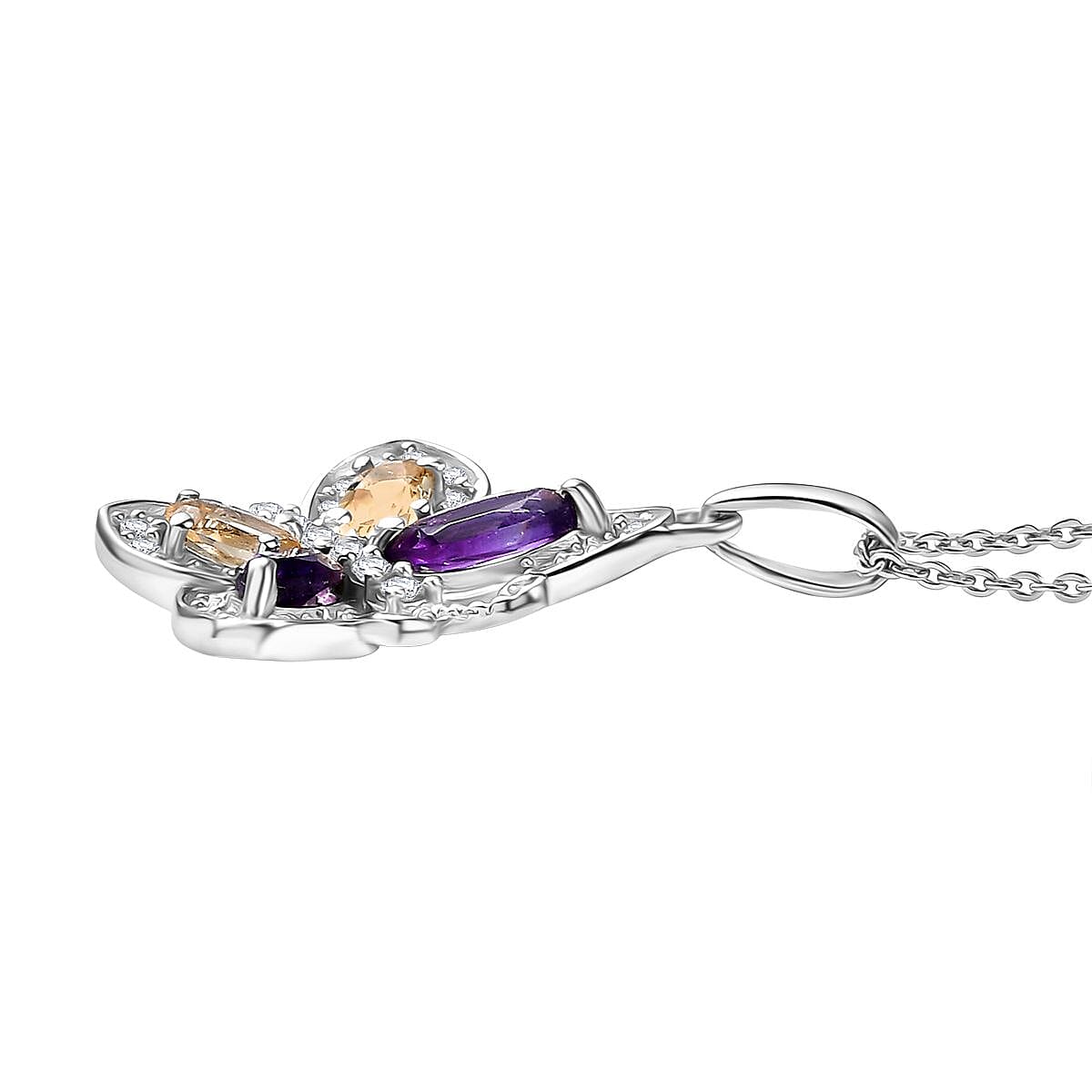 D'Joy African Amethyst, Citrine & White Zircon Butterfly Pendant with Chain (Size 20) in Rhodium Overlay Sterling Silver 1.45 Ct.