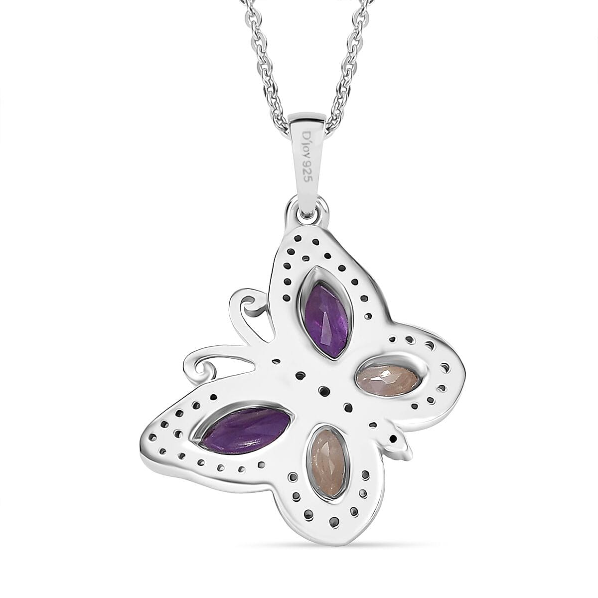 D'Joy African Amethyst, Citrine & White Zircon Butterfly Pendant with Chain (Size 20) in Rhodium Overlay Sterling Silver 1.45 Ct.