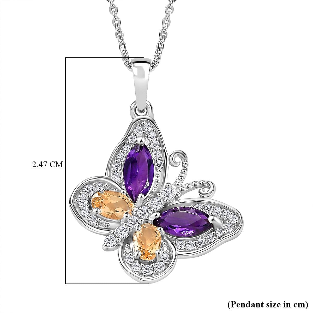 D'Joy African Amethyst, Citrine & White Zircon Butterfly Pendant with Chain (Size 20) in Rhodium Overlay Sterling Silver 1.45 Ct.