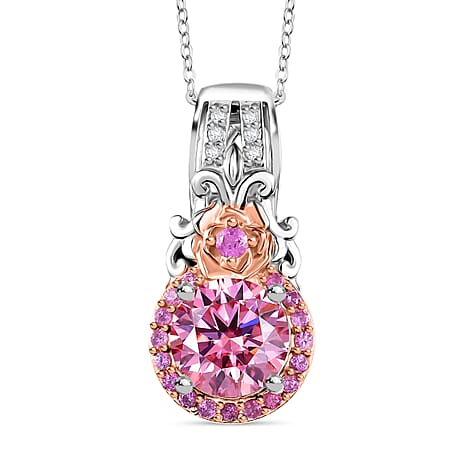 D'Joy Pink Moissanite, Pink Sapphire &  Moissanite Pendant with Chain (Size - 20) in Rhodium Overlay Sterling Silver 2.10 Ct.