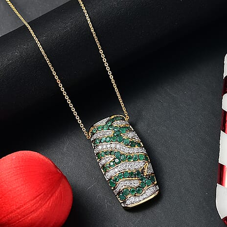 D'Joy Emerald & Moissanite Pendant with Chain (Size 20) in 18K Vermeil Yellow Gold Plated Sterling 2.44 Ct, Silver Wt. 5.65 Gms.