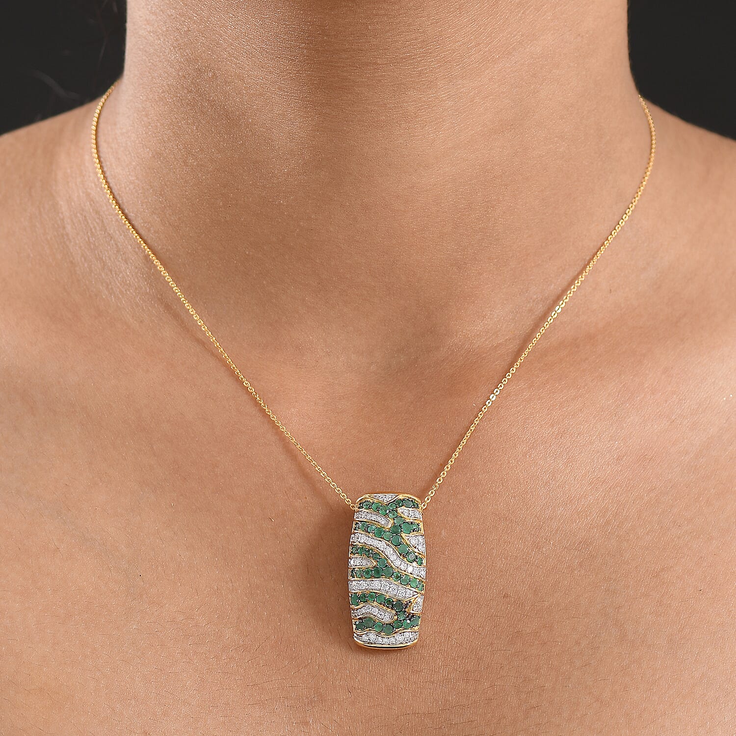 D'Joy Emerald & Moissanite Pendant with Chain (Size 20) in 18K Vermeil Yellow Gold Plated Sterling 2.44 Ct, Silver Wt. 5.65 Gms.