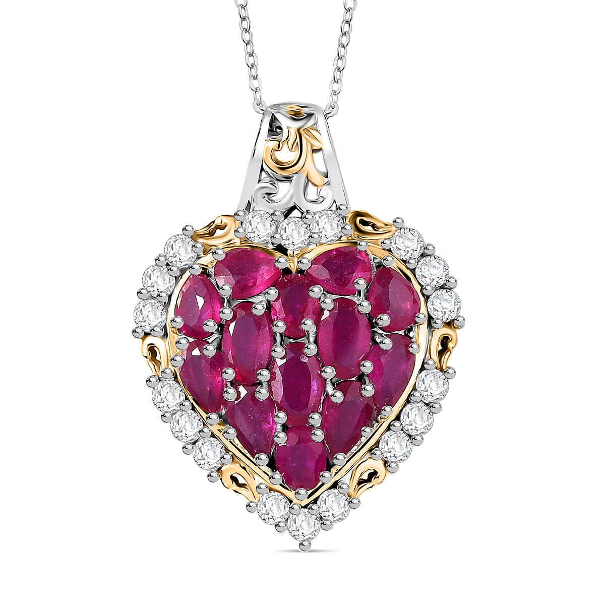 D'Joy African Ruby & White Zircon Pendant with Chain (Size 20) in 18K Vermeil Yellow Gold Plated & Rhodium Overlay Sterling Silver 5.33 Ct.