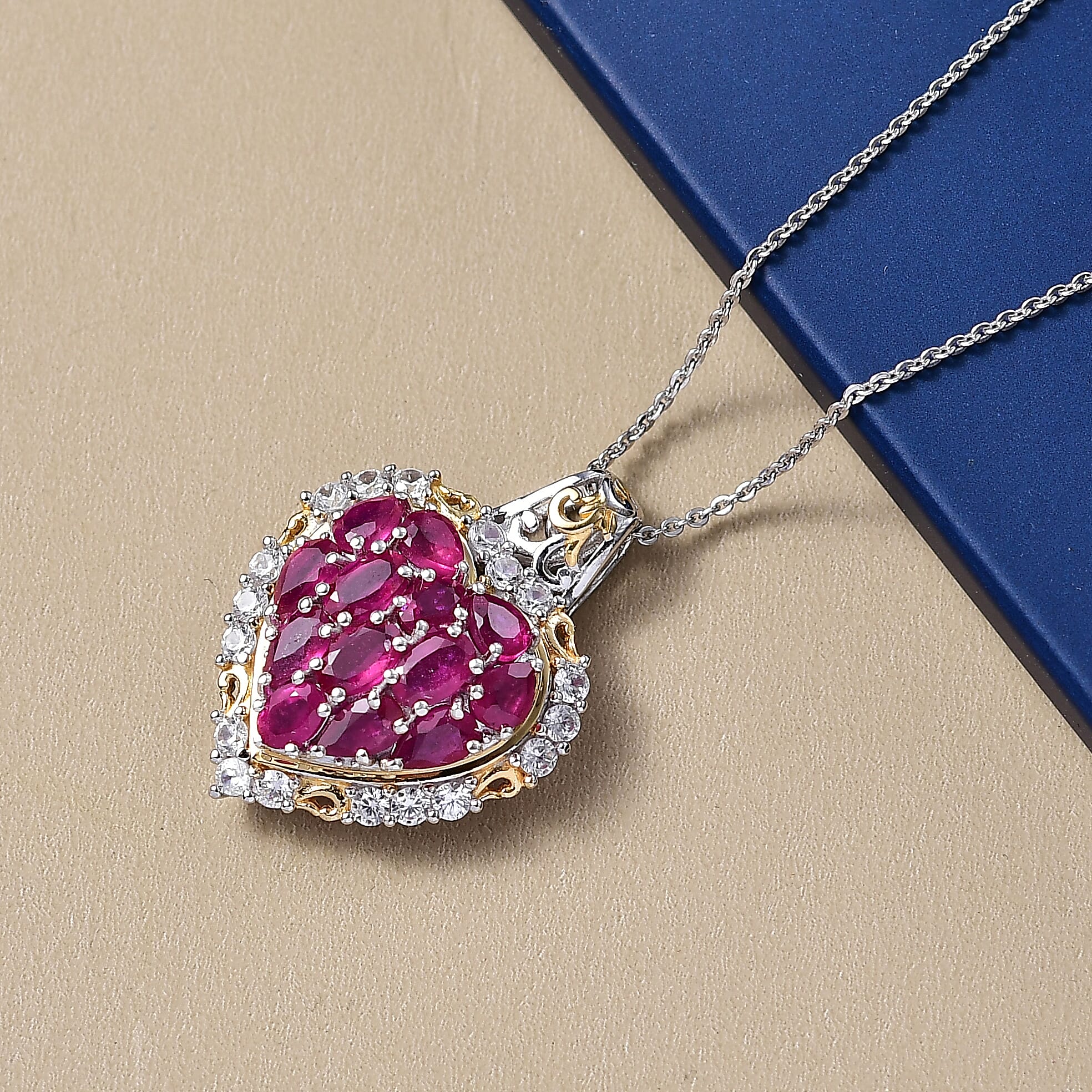 D'Joy African Ruby & White Zircon Pendant with Chain (Size 20) in 18K Vermeil Yellow Gold Plated & Rhodium Overlay Sterling Silver 5.33 Ct.