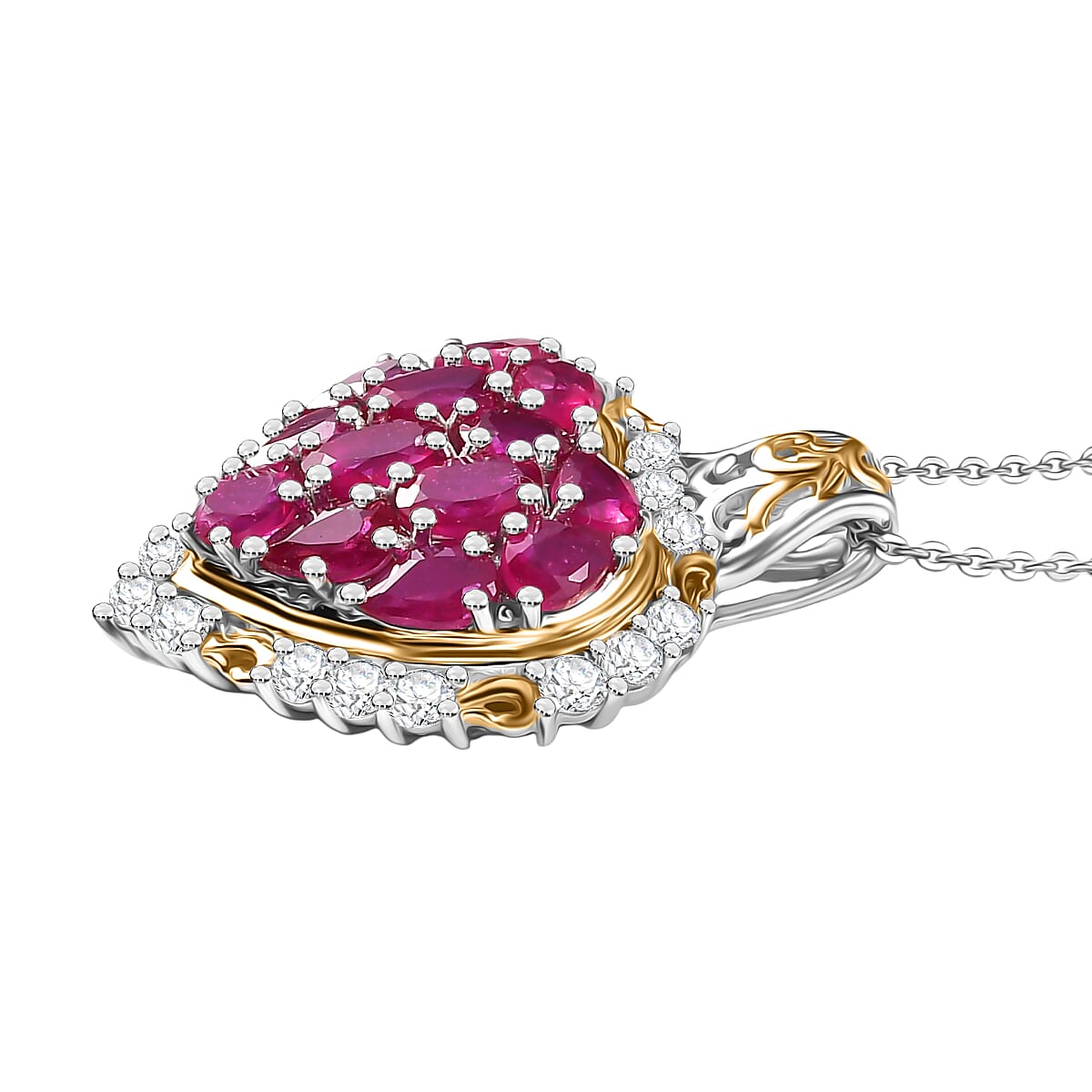 D'Joy African Ruby & White Zircon Pendant with Chain (Size 20) in 18K Vermeil Yellow Gold Plated & Rhodium Overlay Sterling Silver 5.33 Ct.