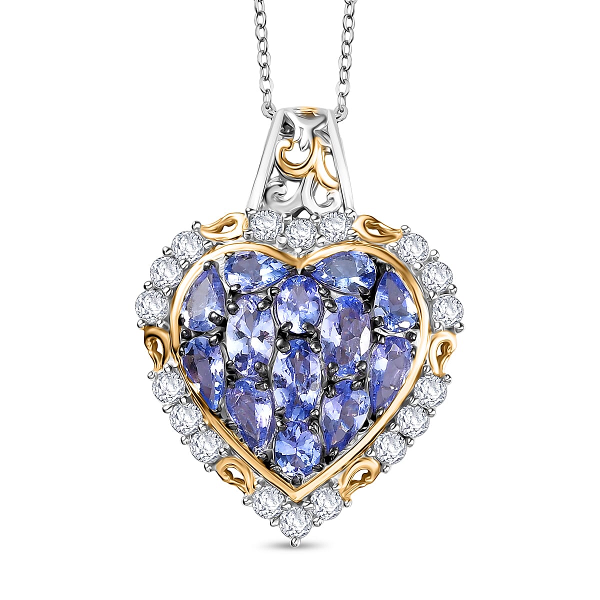 D'Joy Tanzanite & White Zircon Pendant with Chain (Size 20) in 18K Vermeil Yellow Gold Plated & Rhodium Overlay Sterling Silver 3.71 Ct.