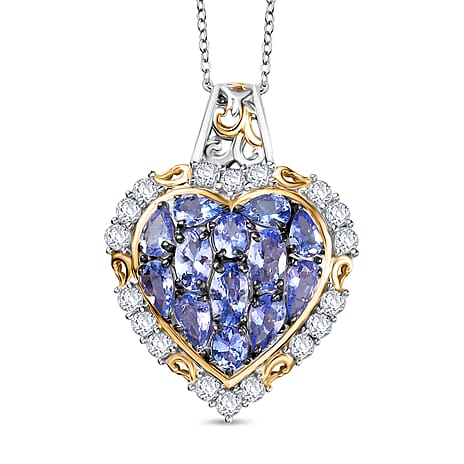 D'Joy Tanzanite & White Zircon Pendant with Chain (Size 20) in 18K Vermeil Yellow Gold Plated & Rhodium Overlay Sterling Silver 3.71 Ct.