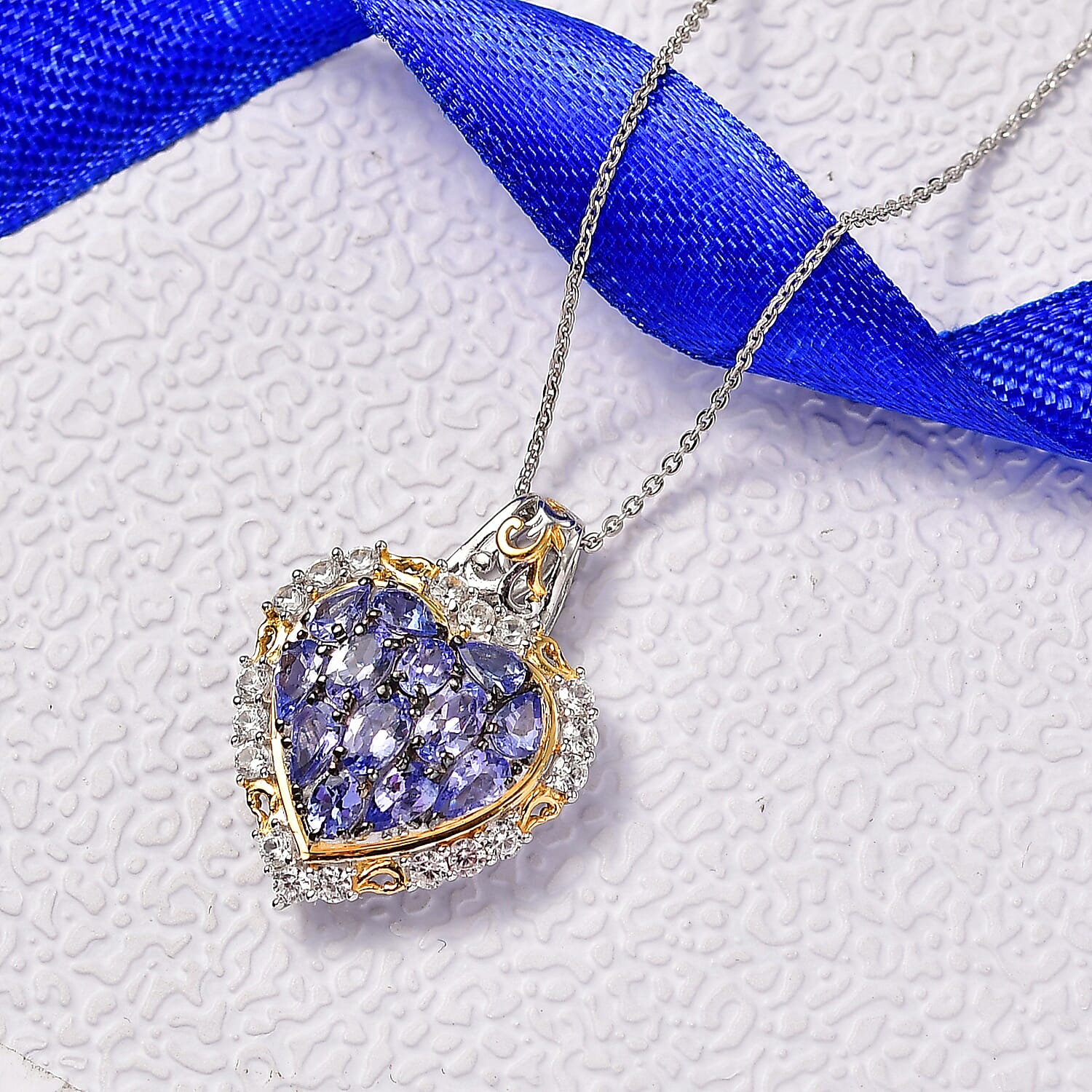 D'Joy Tanzanite & White Zircon Pendant with Chain (Size 20) in 18K Vermeil Yellow Gold Plated & Rhodium Overlay Sterling Silver 3.71 Ct.