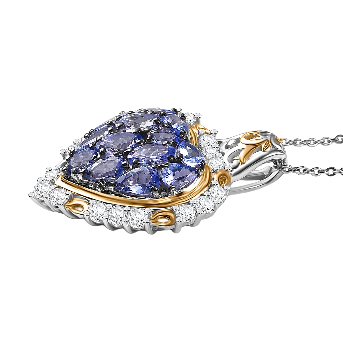 D'Joy Tanzanite & White Zircon Pendant with Chain (Size 20) in 18K Vermeil Yellow Gold Plated & Rhodium Overlay Sterling Silver 3.71 Ct.