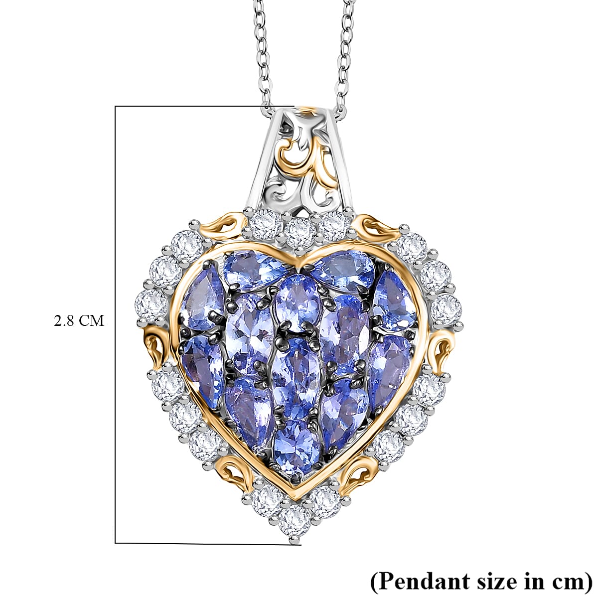 D'Joy Tanzanite & White Zircon Pendant with Chain (Size 20) in 18K Vermeil Yellow Gold Plated & Rhodium Overlay Sterling Silver 3.71 Ct.
