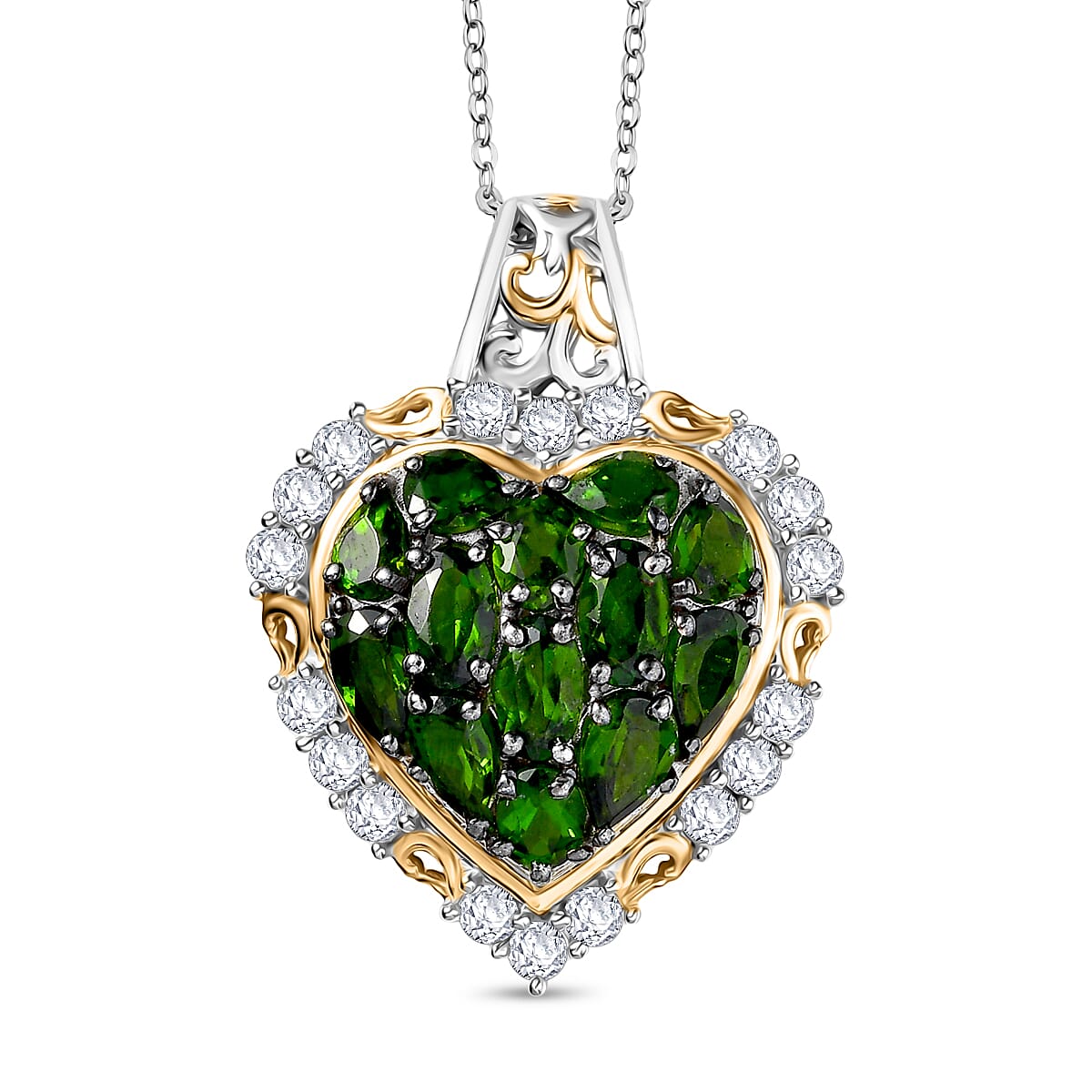 D'Joy Natural Chrome Diopside & White Zircon Pendant with Chain (Size 20) in 18K Vermeil Yellow Gold Plated & Rhodium Overlay Sterling Silver 3.70 Ct.