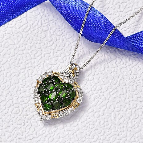 D'Joy Natural Chrome Diopside & White Zircon Pendant with Chain (Size 20) in 18K Vermeil Yellow Gold Plated & Rhodium Overlay Sterling Silver 3.70 Ct.