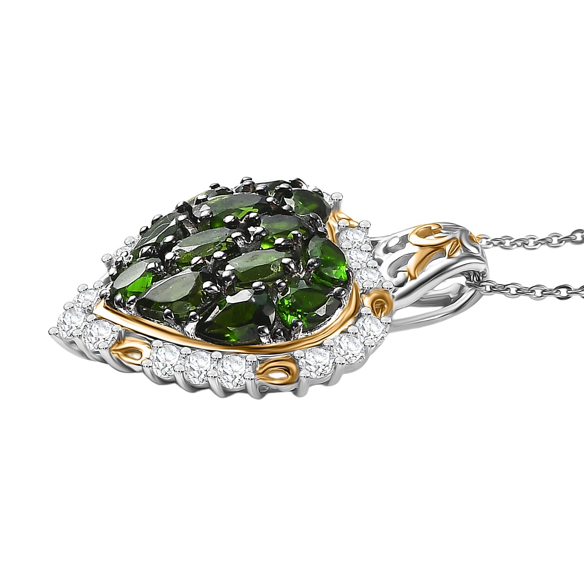 D'Joy Natural Chrome Diopside & White Zircon Pendant with Chain (Size 20) in 18K Vermeil Yellow Gold Plated & Rhodium Overlay Sterling Silver 3.70 Ct.
