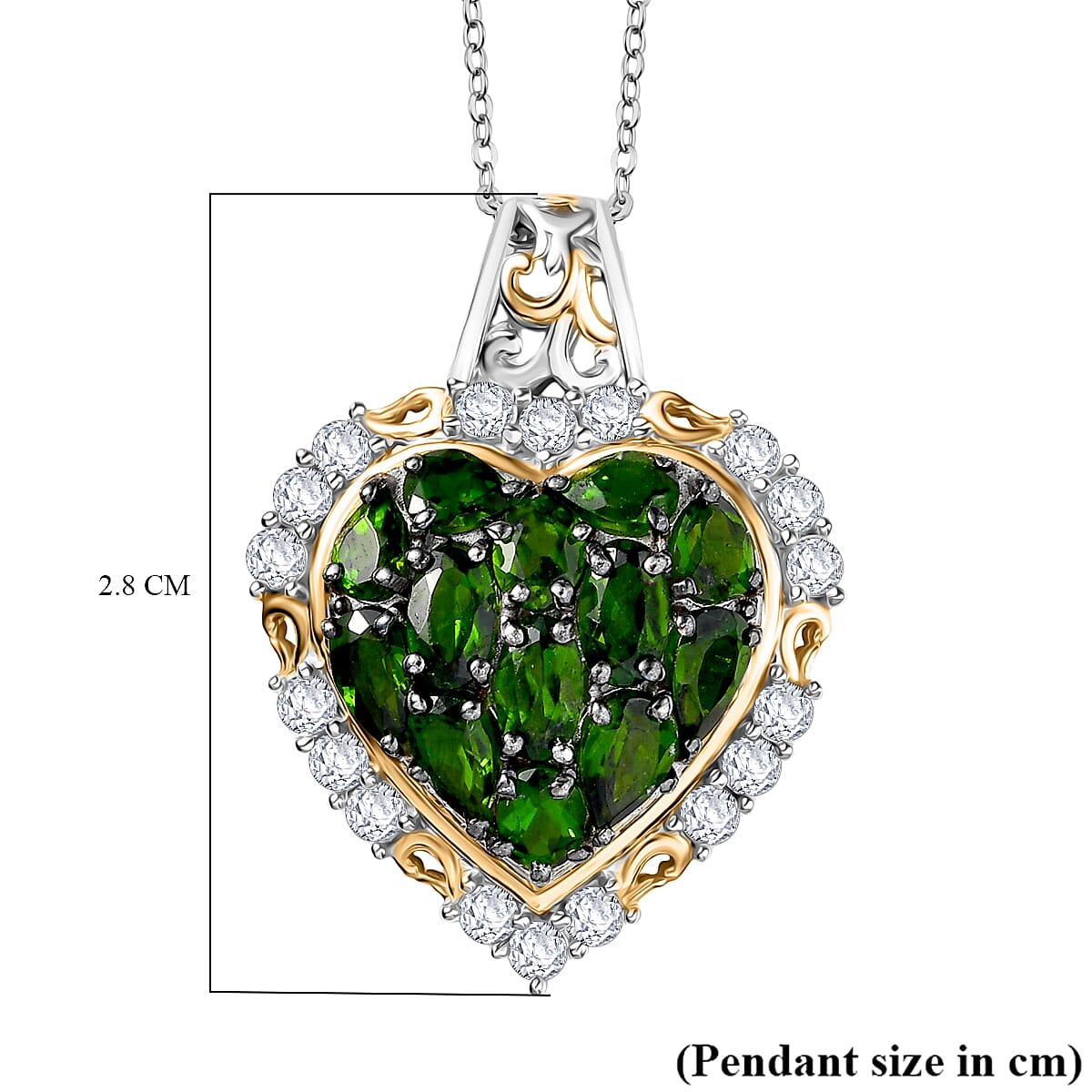 D'Joy Natural Chrome Diopside & White Zircon Pendant with Chain (Size 20) in 18K Vermeil Yellow Gold Plated & Rhodium Overlay Sterling Silver 3.70 Ct.
