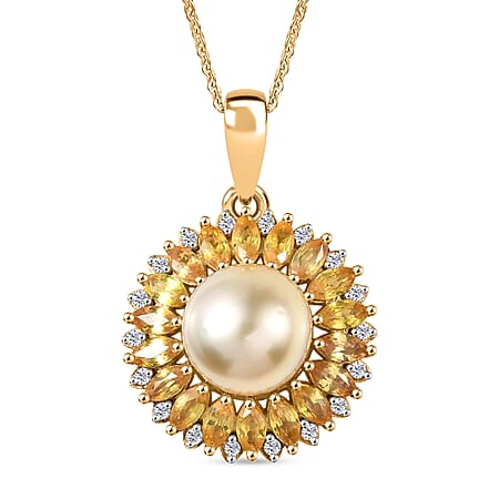 D'Joy Golden South Sea Pearl, Yellow Sapphire and White Zircon Floral Pendant with Chain (Size 20) in 18K Vermeil Yellow Gold Plated Sterling Silver 8.20 Ct.