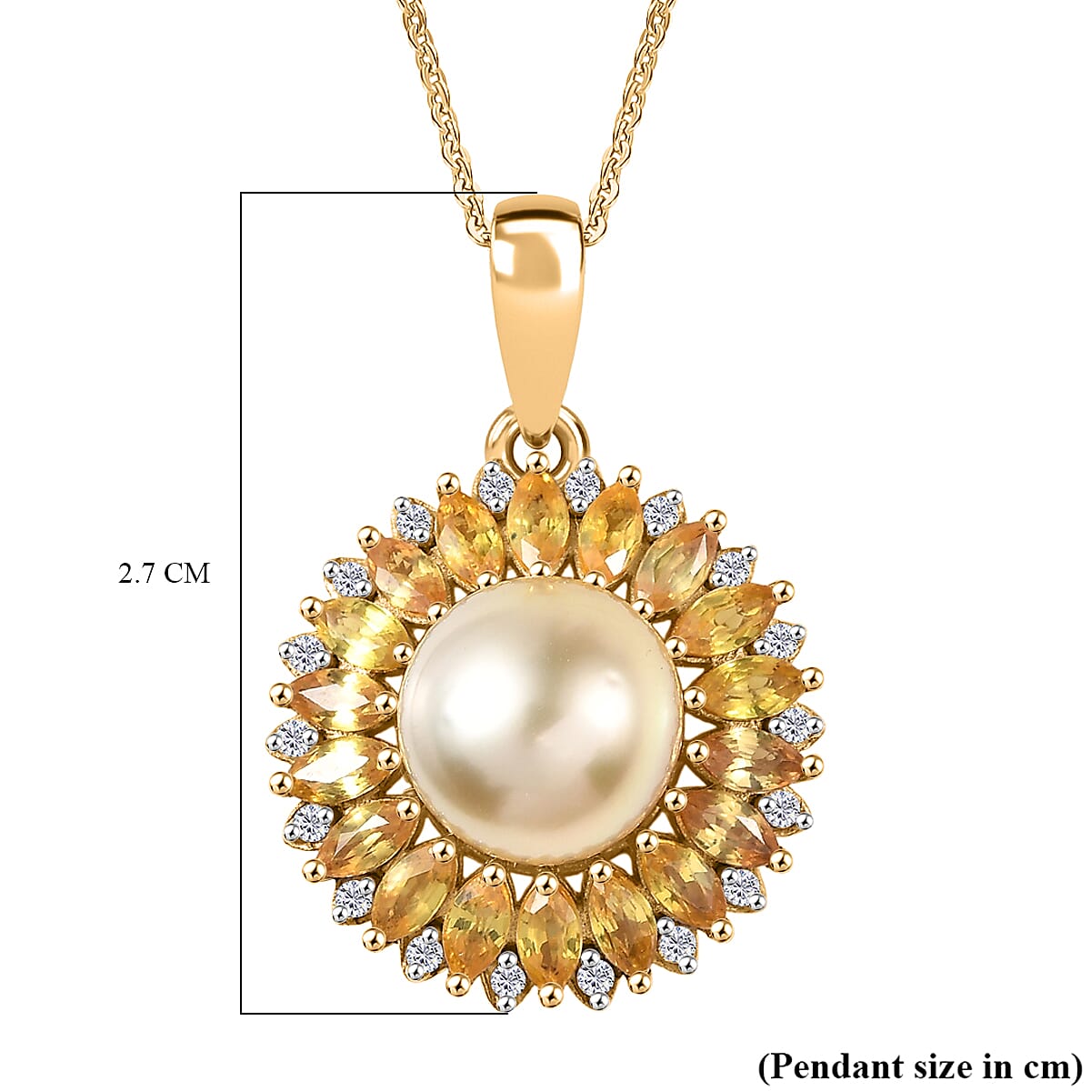 D'Joy Golden South Sea Pearl, Yellow Sapphire & White Zircon Pendant with Chain (Size 20) in 18K Vermeil Yellow Gold Plated Sterling Silver 8.20 Ct.