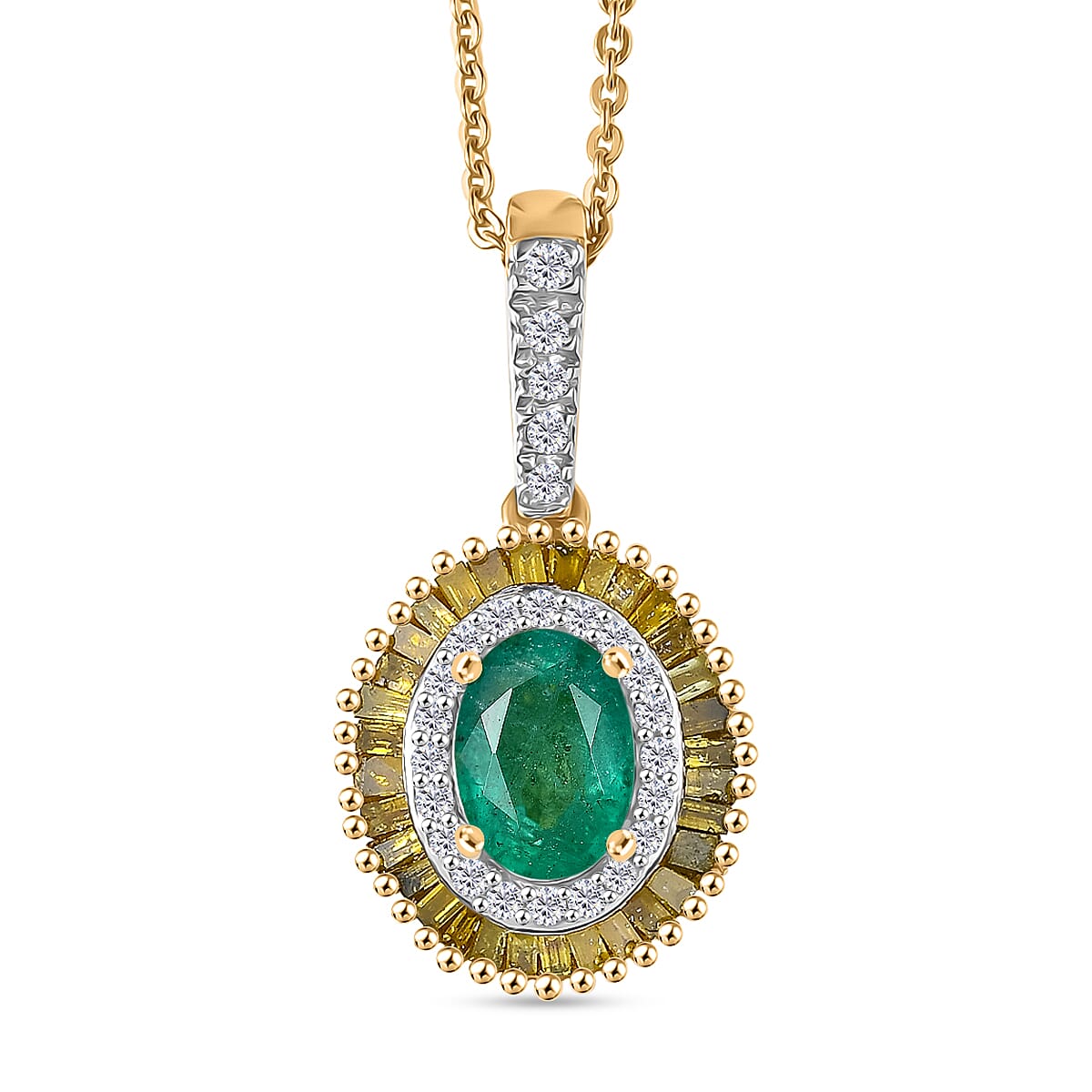 D'Joy Premium Emerald, Yellow Diamond & White Diamond Pendant with Chain (Size 20) in 18K Vermeil Yellow Gold Plated Sterling Silver 1.23 Ct.