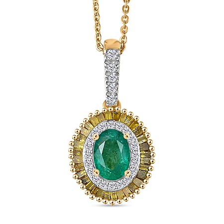 D'Joy Premium Emerald, Yellow Diamond and White Diamond Double Halo Pendant with Chain (Size 20) in 18K Vermeil Yellow Gold Plated Sterling Silver 1.23 Ct.