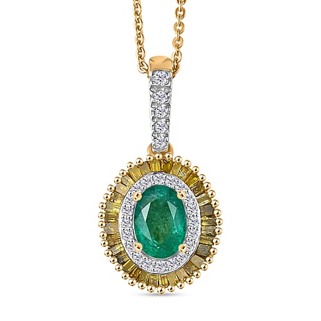D'Joy Premium Emerald, Yellow Diamond & White Diamond Pendant with Chain (Size 20) in 18K Vermeil Yellow Gold Plated Sterling Silver 1.23 Ct.