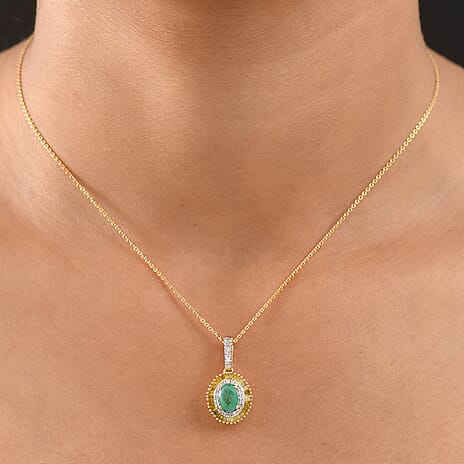 D'Joy Premium Emerald, Yellow Diamond & White Diamond Pendant with Chain (Size 20) in 18K Vermeil Yellow Gold Plated Sterling Silver 1.23 Ct.