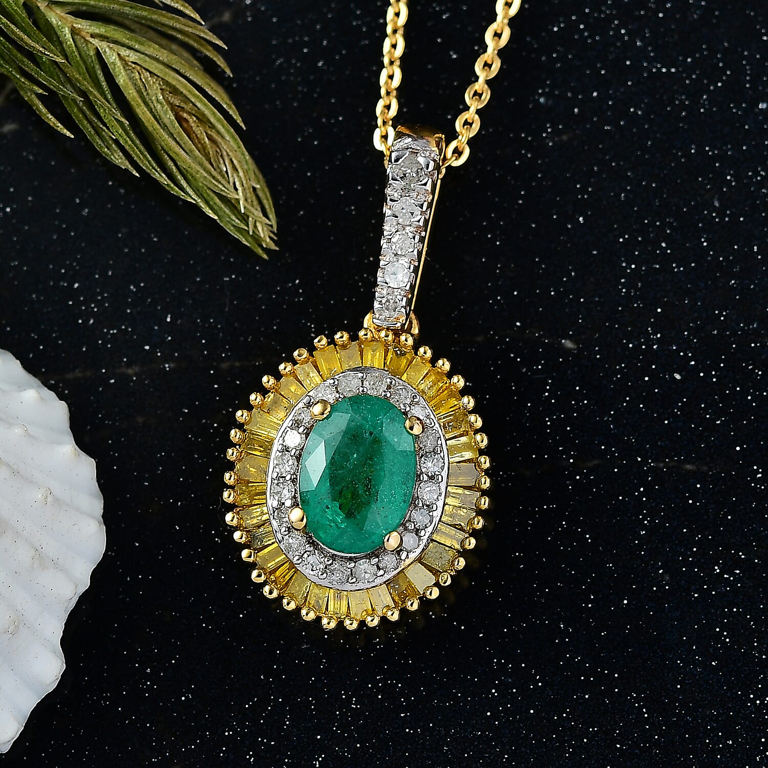 D'Joy Premium Emerald, Yellow Diamond & White Diamond Pendant with Chain (Size 20) in 18K Vermeil Yellow Gold Plated Sterling Silver 1.23 Ct.