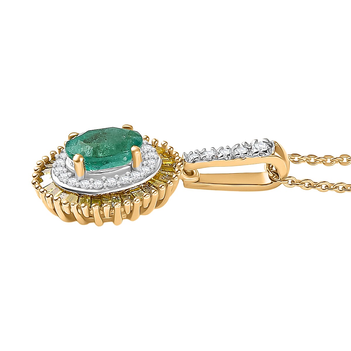 D'Joy Premium Emerald, Yellow Diamond & White Diamond Pendant with Chain (Size 20) in 18K Vermeil Yellow Gold Plated Sterling Silver 1.23 Ct.