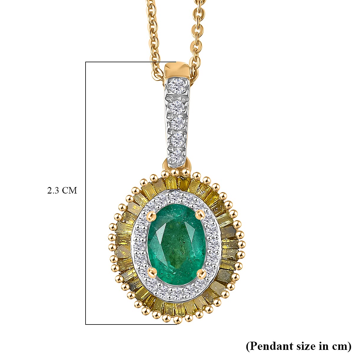 D'Joy Premium Emerald, Yellow Diamond & White Diamond Pendant with Chain (Size 20) in 18K Vermeil Yellow Gold Plated Sterling Silver 1.23 Ct.