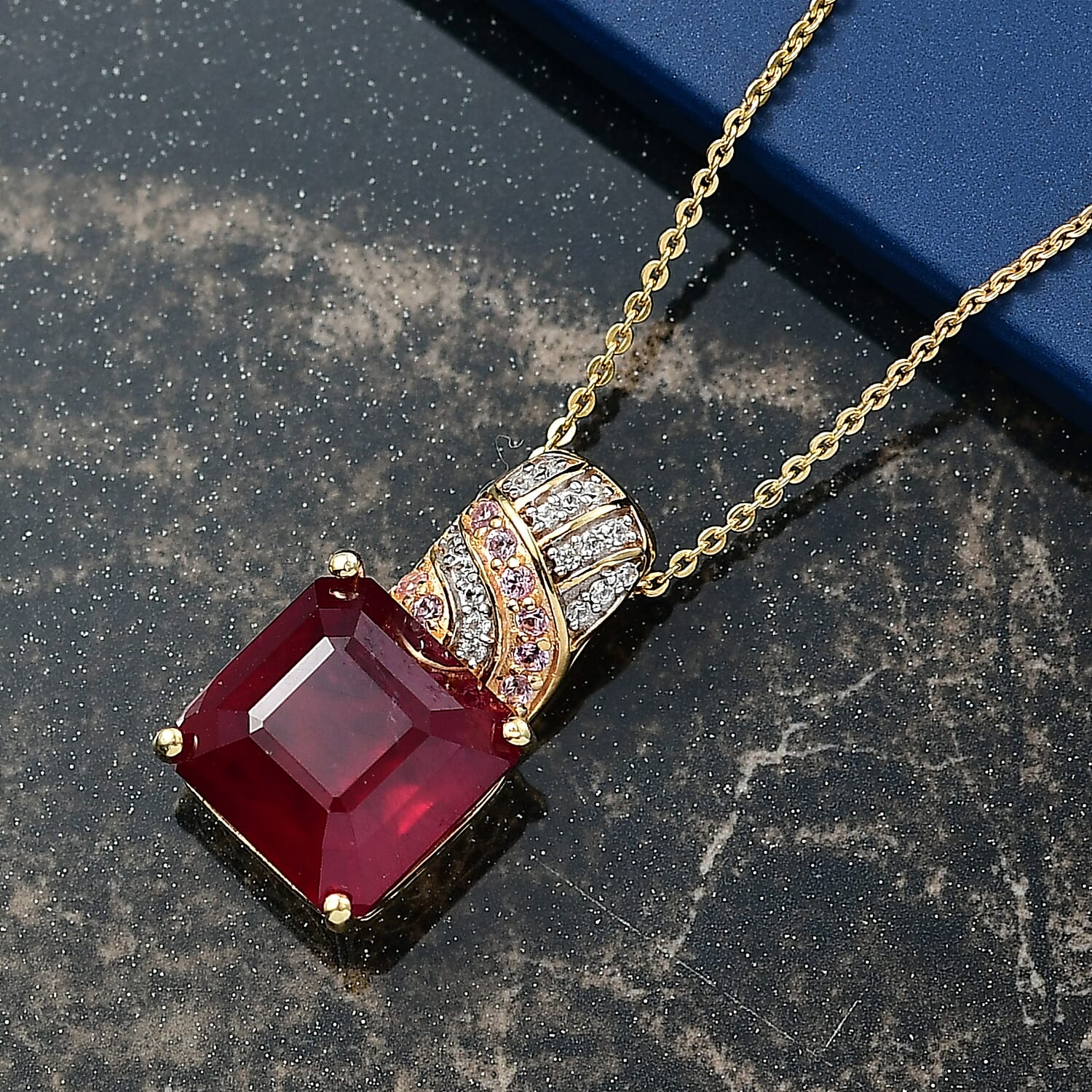 D'Joy Fissure Filled Ruby, Pink Sapphire &  White Zircon Pendant with Chain (Size - 20) in 18K Vermeil Yellow Gold Plated Sterling Silver 11.47 Ct.