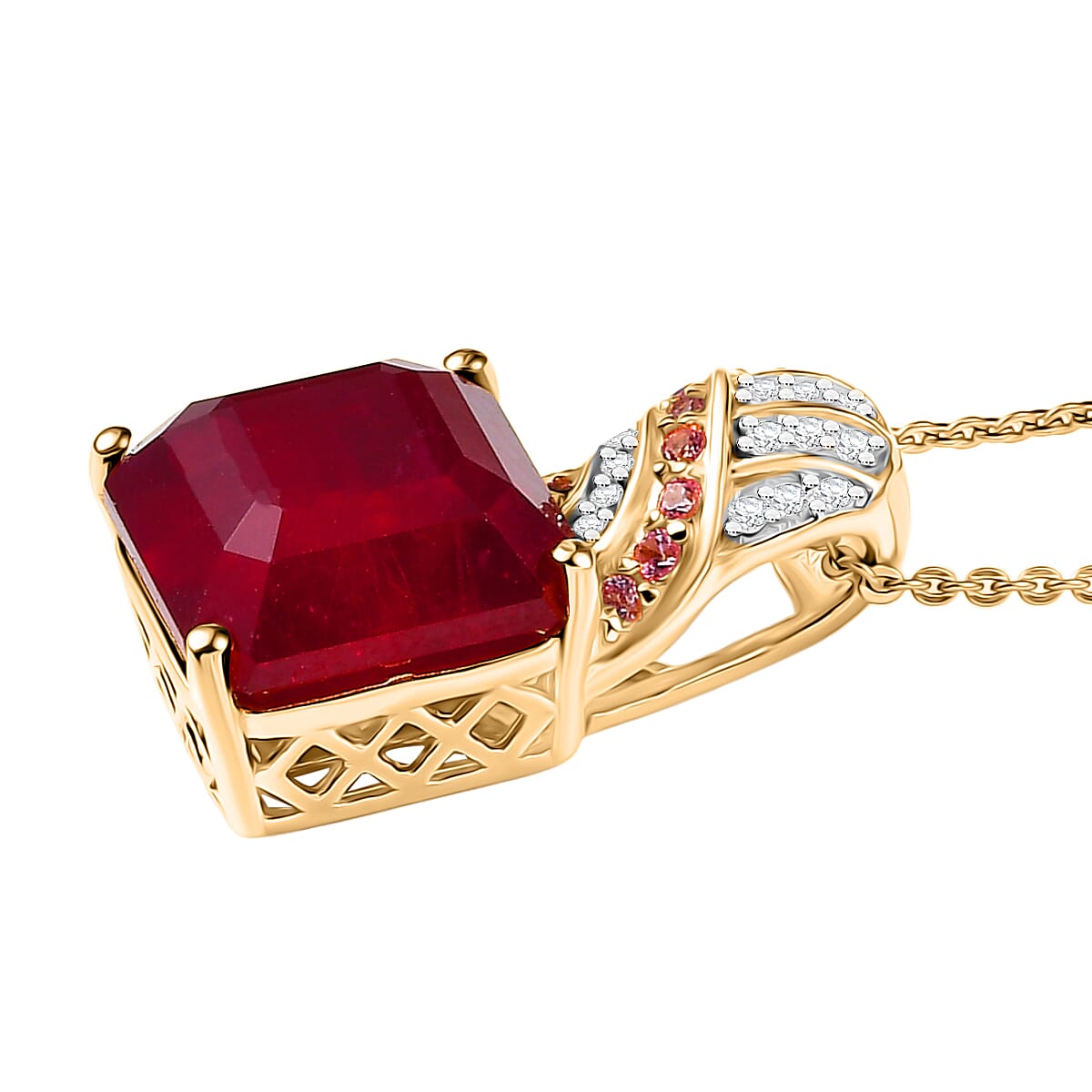 D'Joy Fissure Filled Ruby, Pink Sapphire &  White Zircon Pendant with Chain (Size - 20) in 18K Vermeil Yellow Gold Plated Sterling Silver 11.47 Ct.