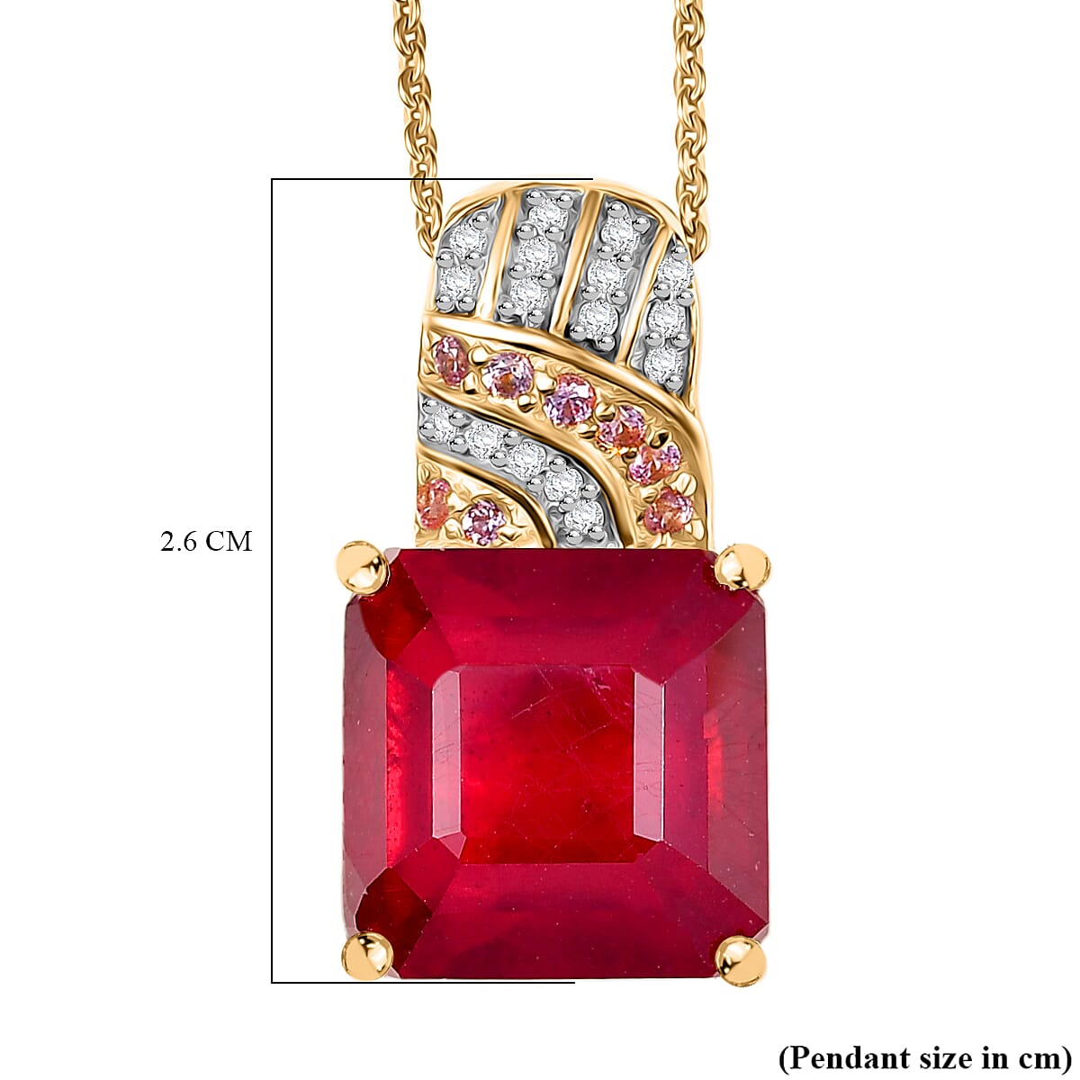 D'Joy Fissure Filled Ruby, Pink Sapphire &  White Zircon Pendant with Chain (Size - 20) in 18K Vermeil Yellow Gold Plated Sterling Silver 11.47 Ct.